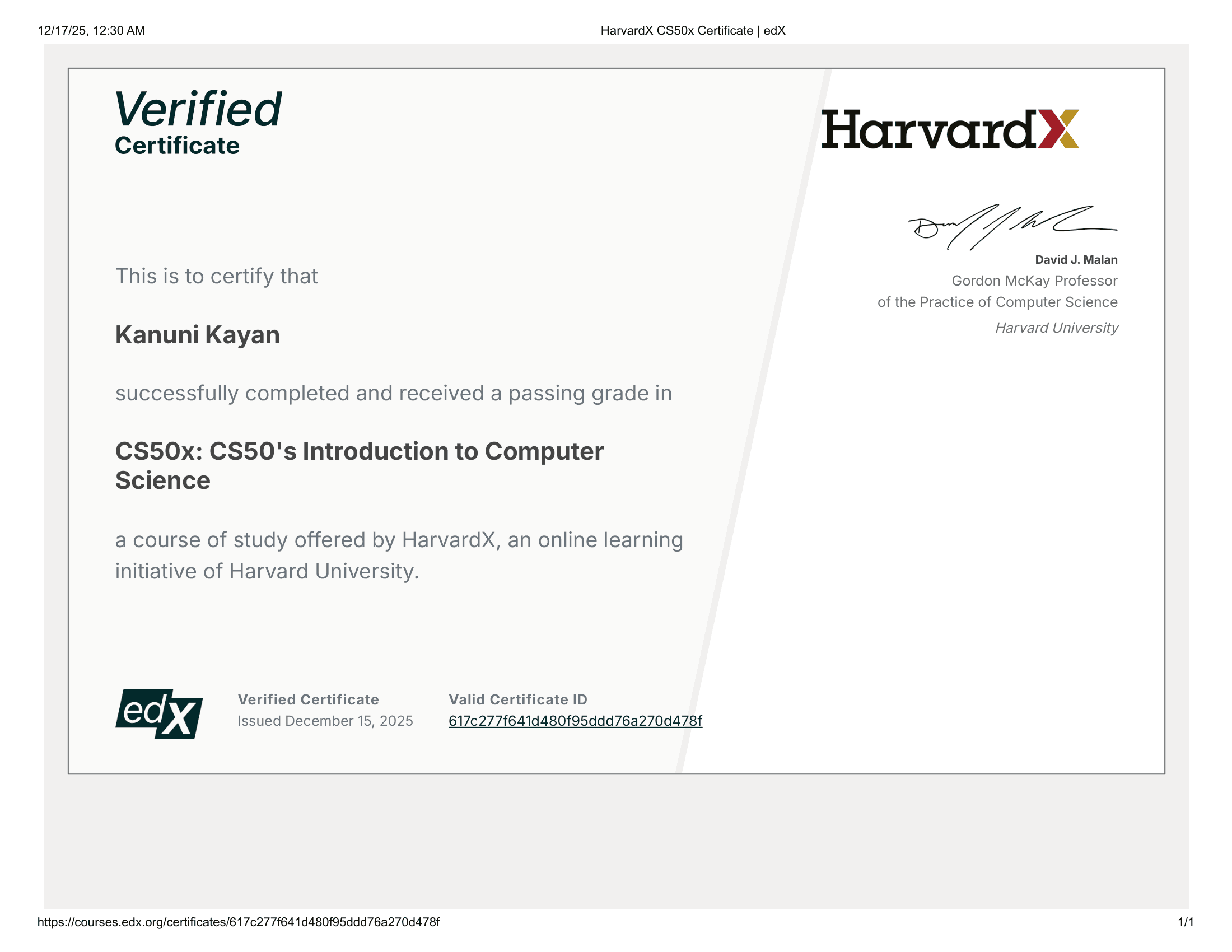 Harvard CS50 Verified Certificate